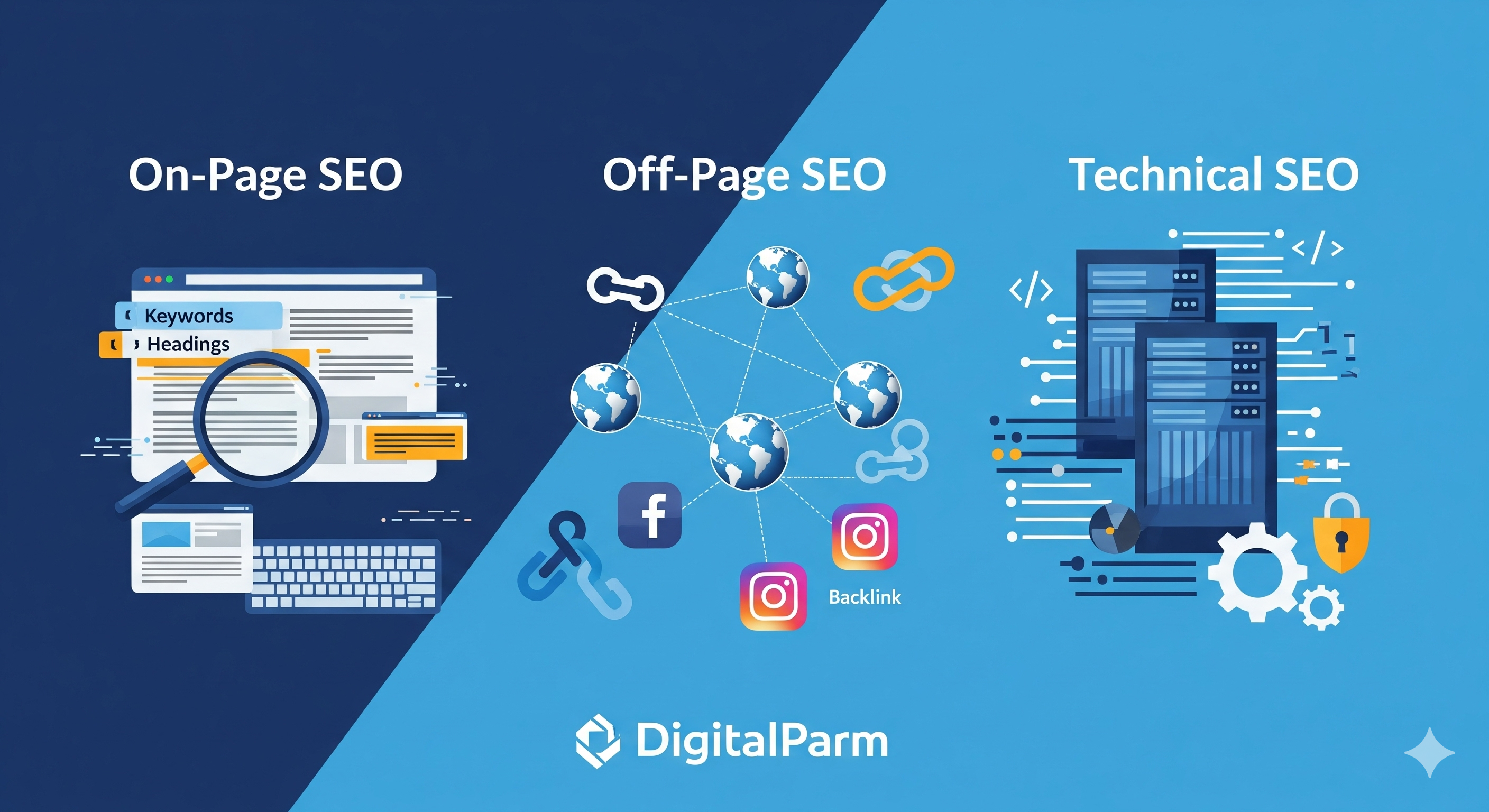 on page seo, off page seo and technical seo