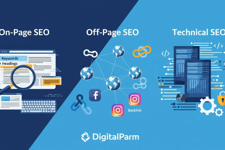 on page seo off page seo and technical seo