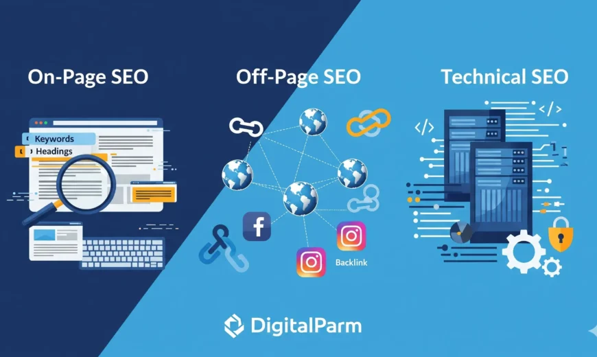 on page seo off page seo and technical seo