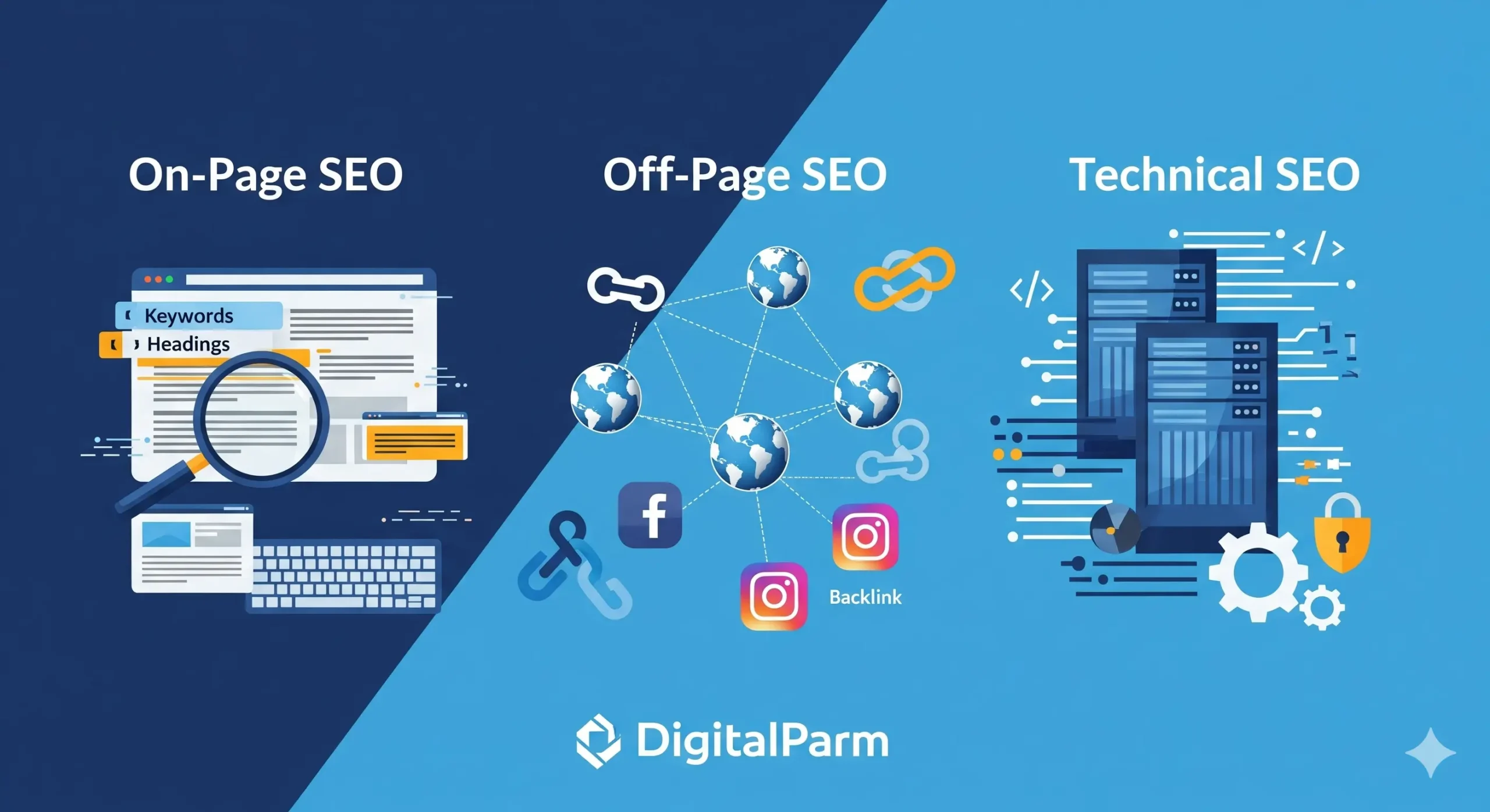 on page seo off page seo and technical seo