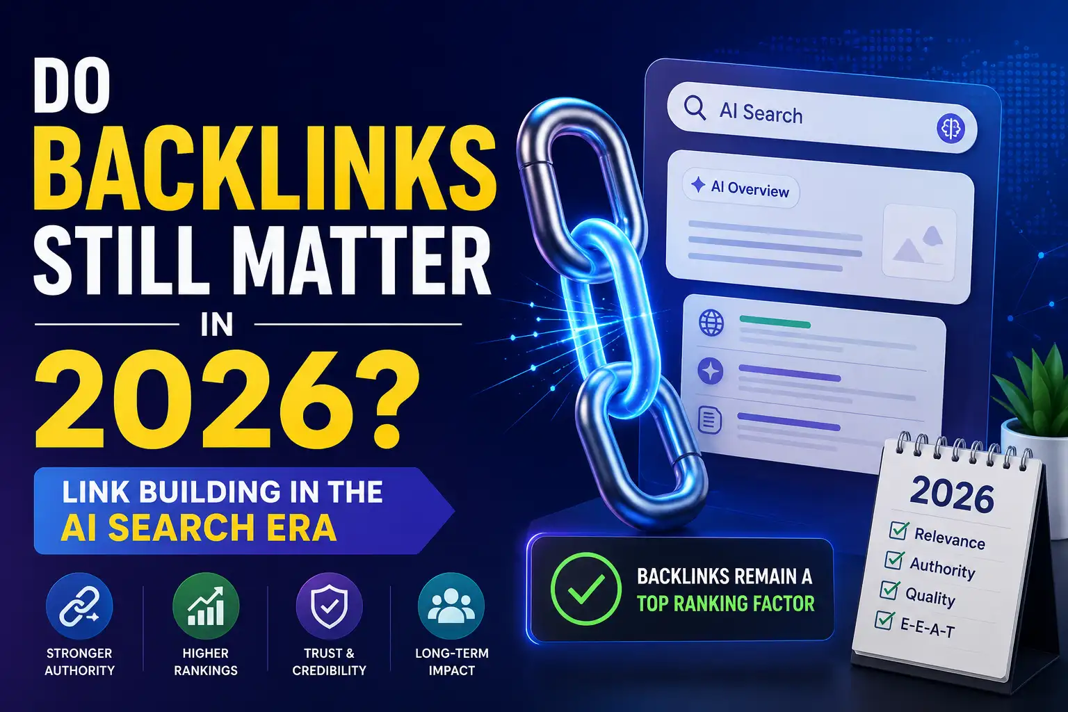 Futuristic backlink and AI search SEO graphic